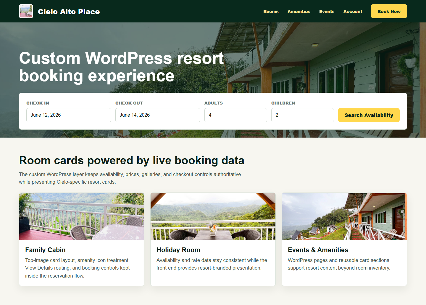 Cielo Alto Place resort website room cards and booking search layout