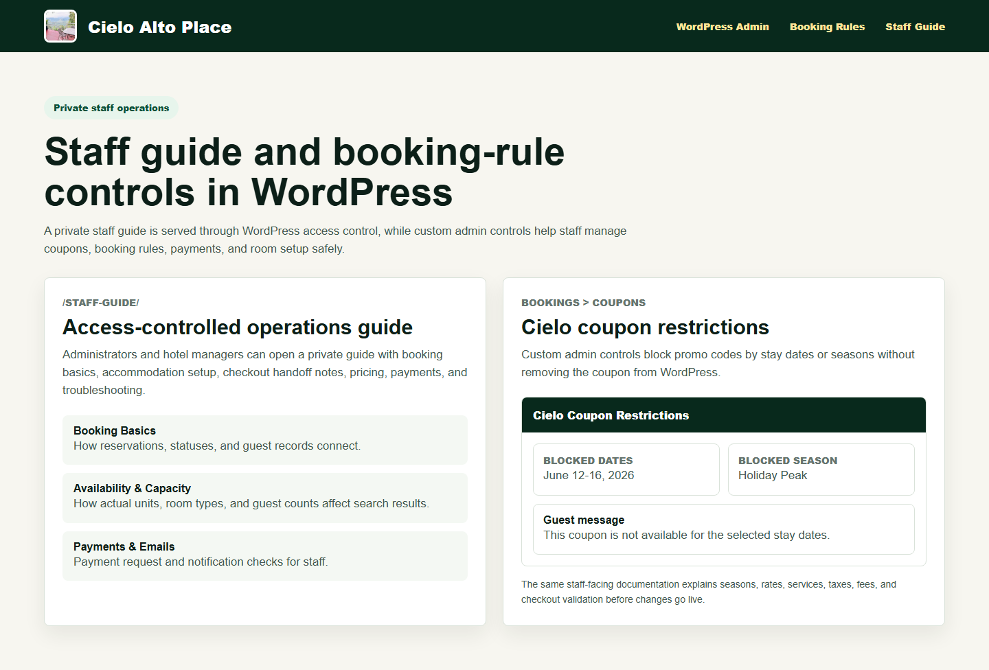 Cielo Alto Place private WordPress staff guide and coupon restriction controls