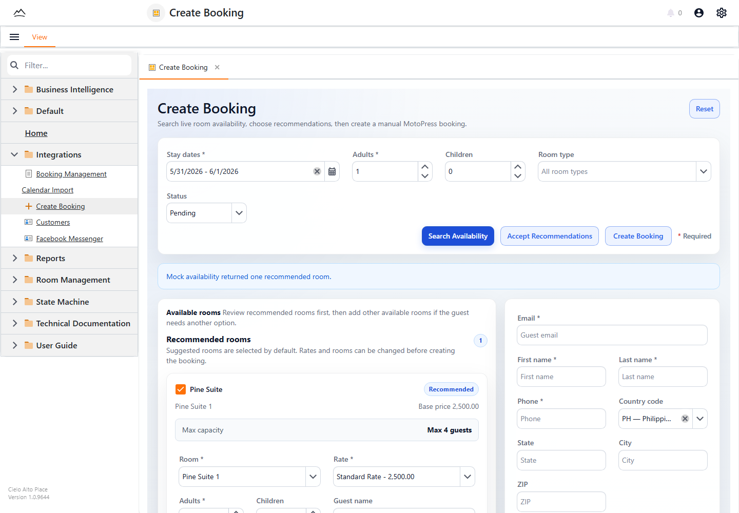 Cielo Management create booking workflow with room recommendations and guest details