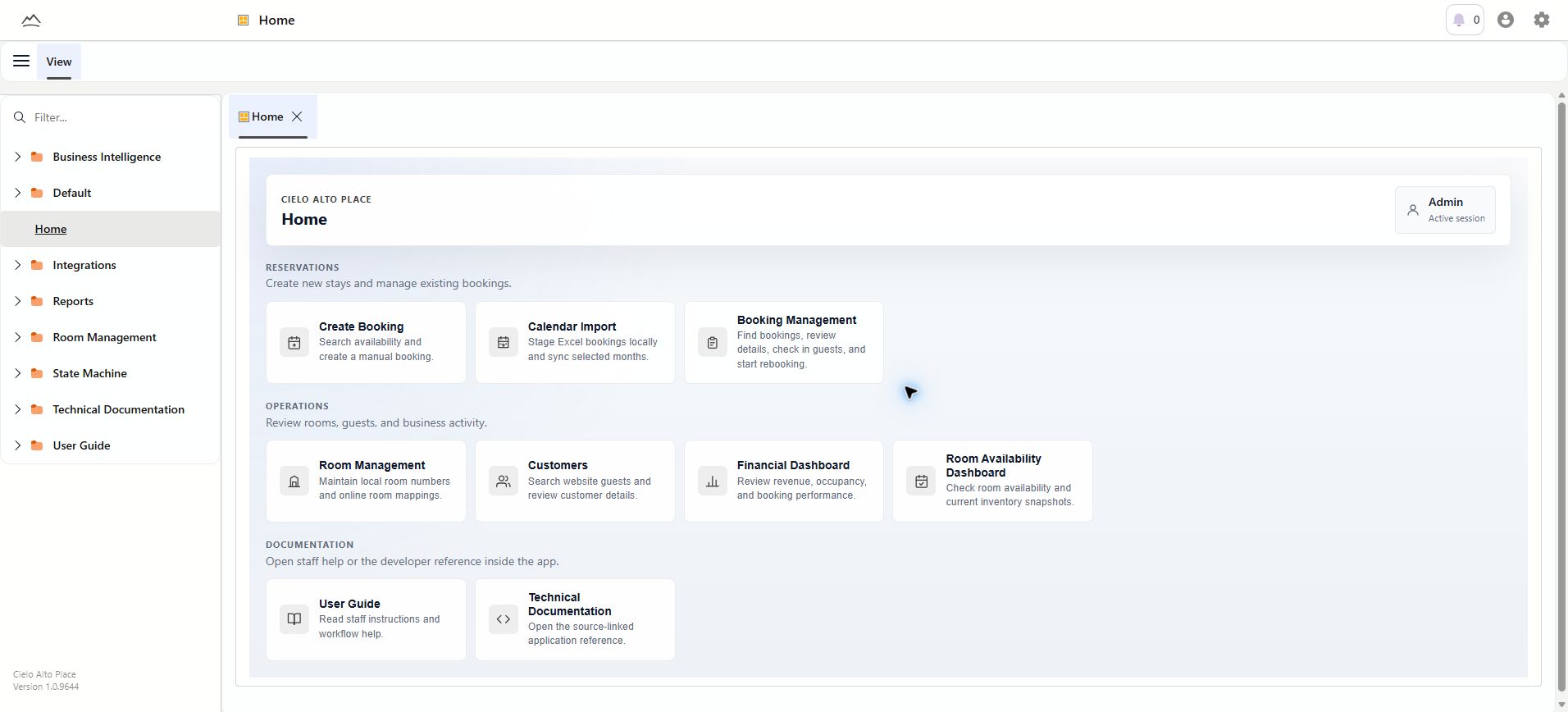Cielo Management staff operations dashboard with reservation, room, customer, reporting, and documentation shortcuts