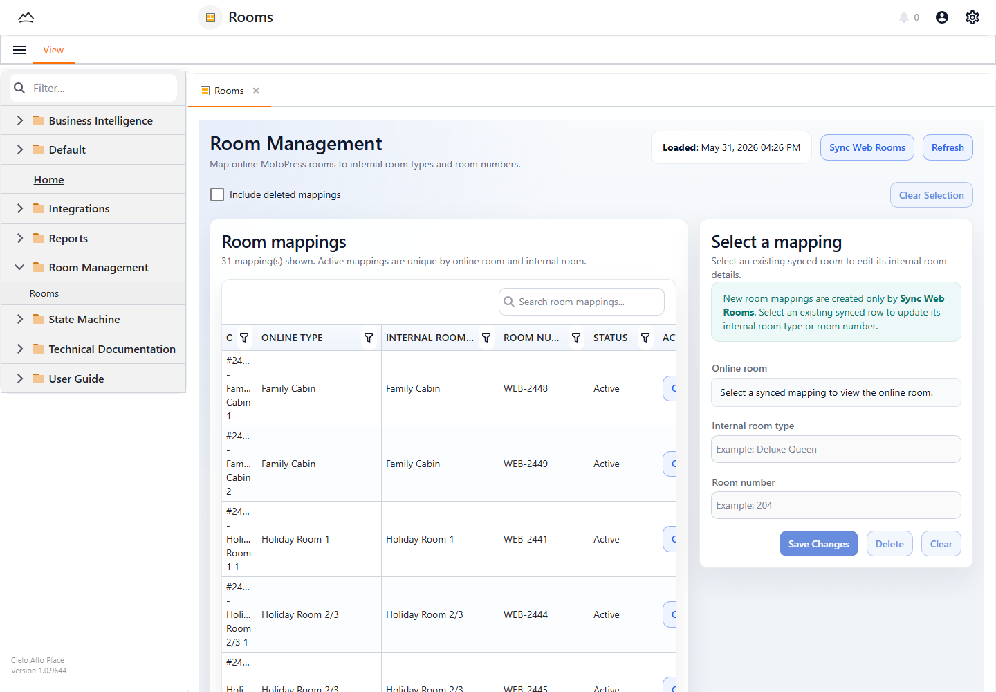 Cielo Management room management workspace with online room mappings and edit panel