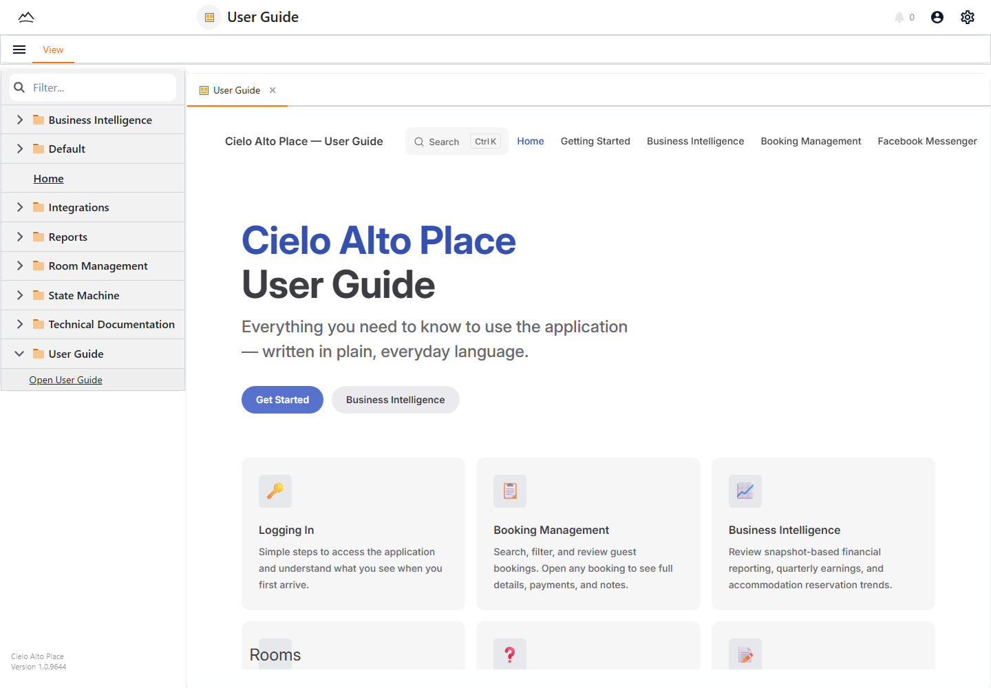 Cielo Management in-app user guide with staff workflow cards