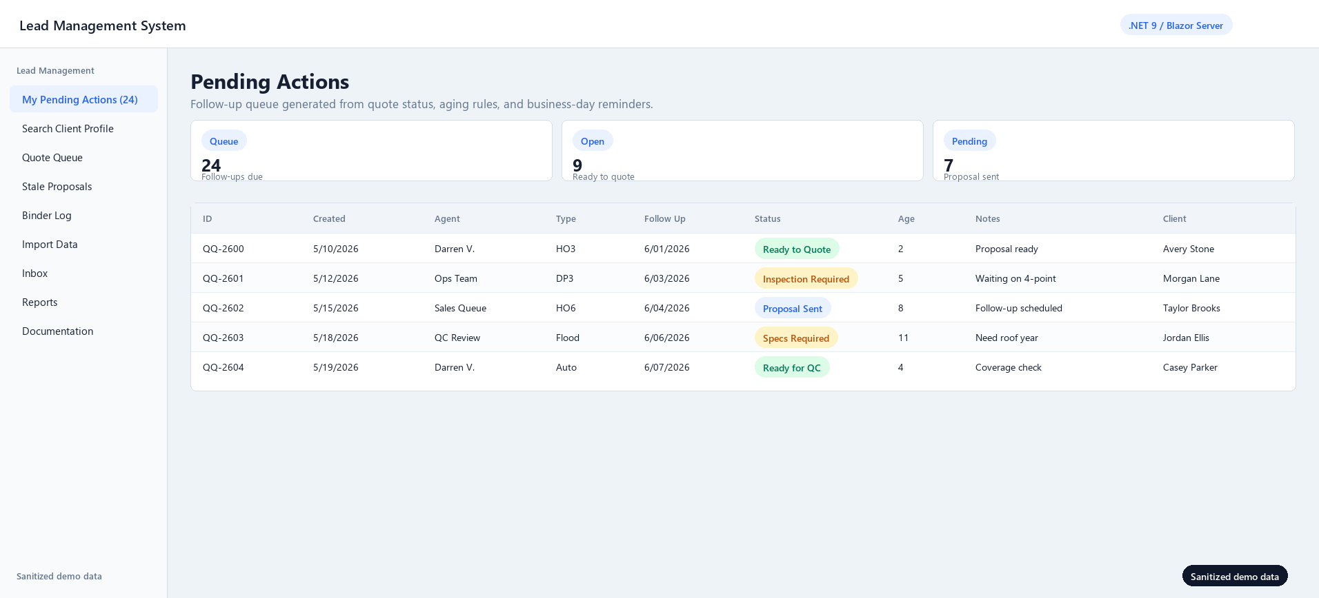 Sanitized pending actions queue in the Lead and Title Management System