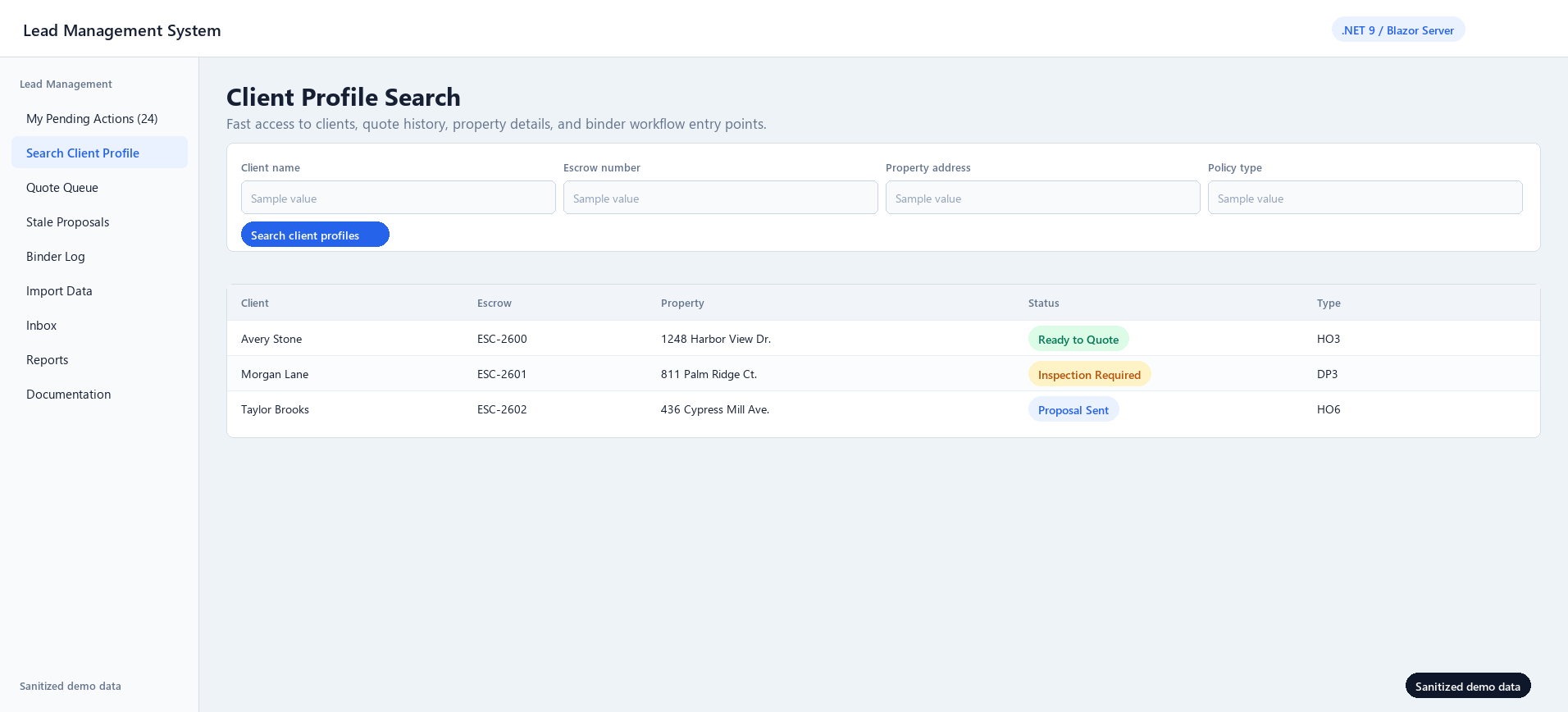 Sanitized client profile search screen