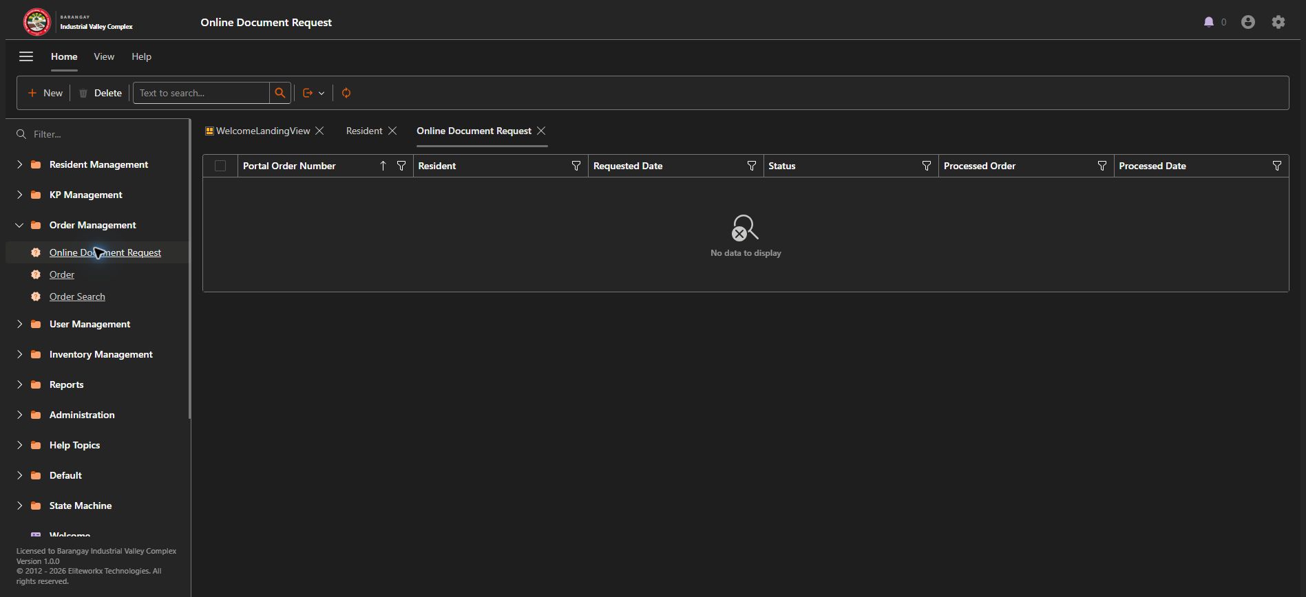OneBarangay online document request and order workflow